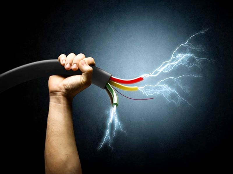 Artwork of a man holding live electrical cables